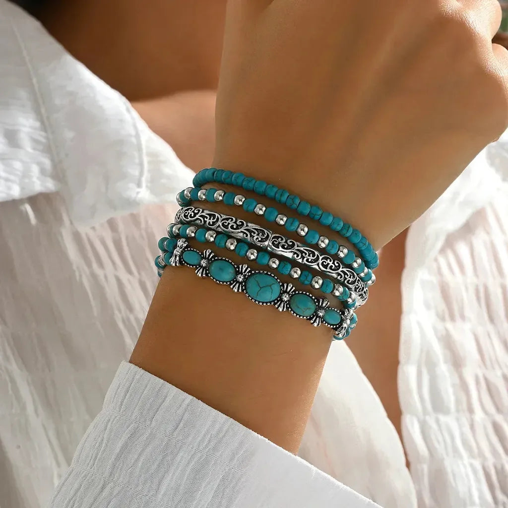 Boho türkiz gyöngyös karkötőszett