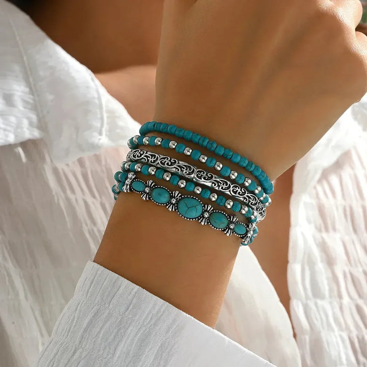 Boho türkiz gyöngyös karkötőszett