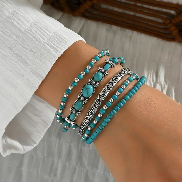 Boho türkiz gyöngyös karkötőszett