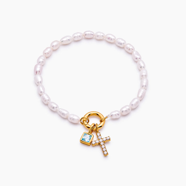 Pearl Birthstone Cross Charm karkötő