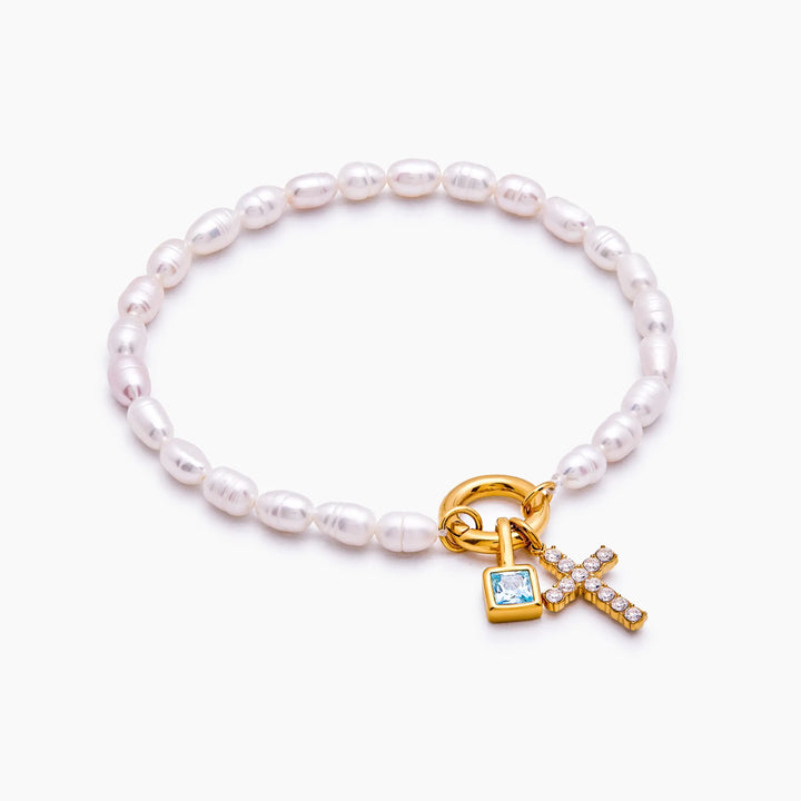Pearl Birthstone Cross Charm karkötő