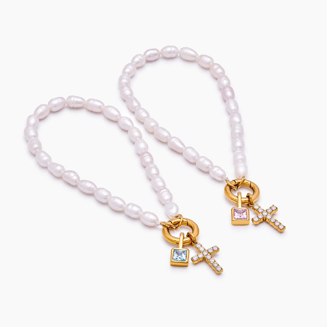 Pearl Birthstone Cross Charm karkötő